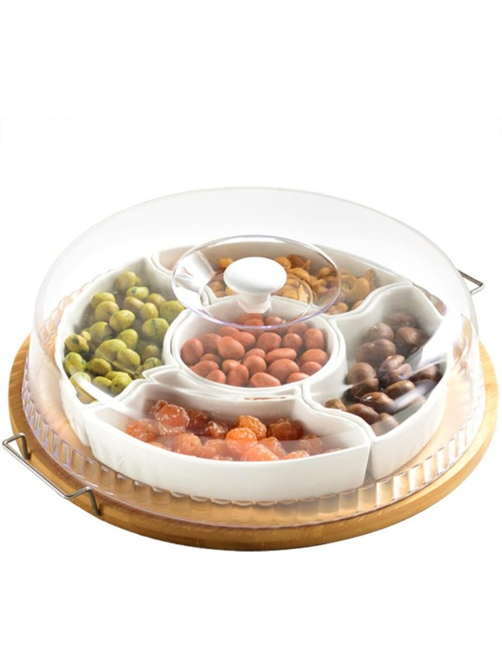 11-Inch Ceramic Divided Serving Platter with Clear Lid & Bamboo Tray, 5 Snack